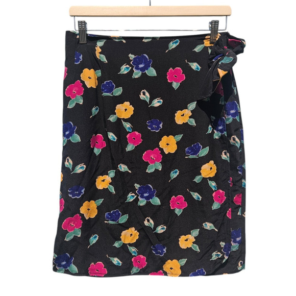 Anna & Frank Silk Wrap Skirt M Floral Vintage Black Boho Cottagecore Midi Retro - Picture 1 of 10